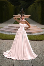 Satin Strapless Sleeveless Long A-Line Prom Dress With Pleated And Corset YK0797