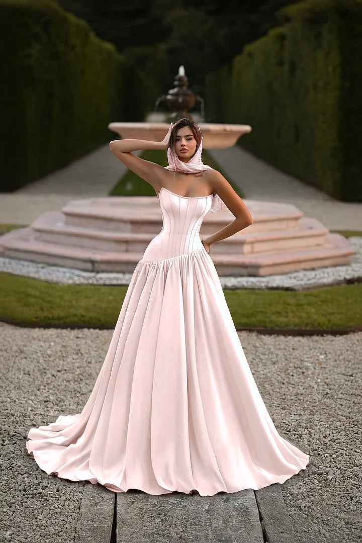 Satin Strapless Sleeveless Long A-Line Prom Dress With Pleated And Corset YK0797