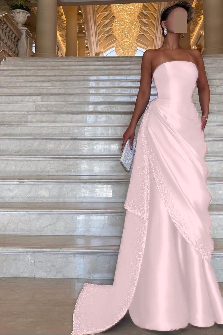 Chic Strapless Sleeveless Long Prom Dress With Pleated Beading WQ0094