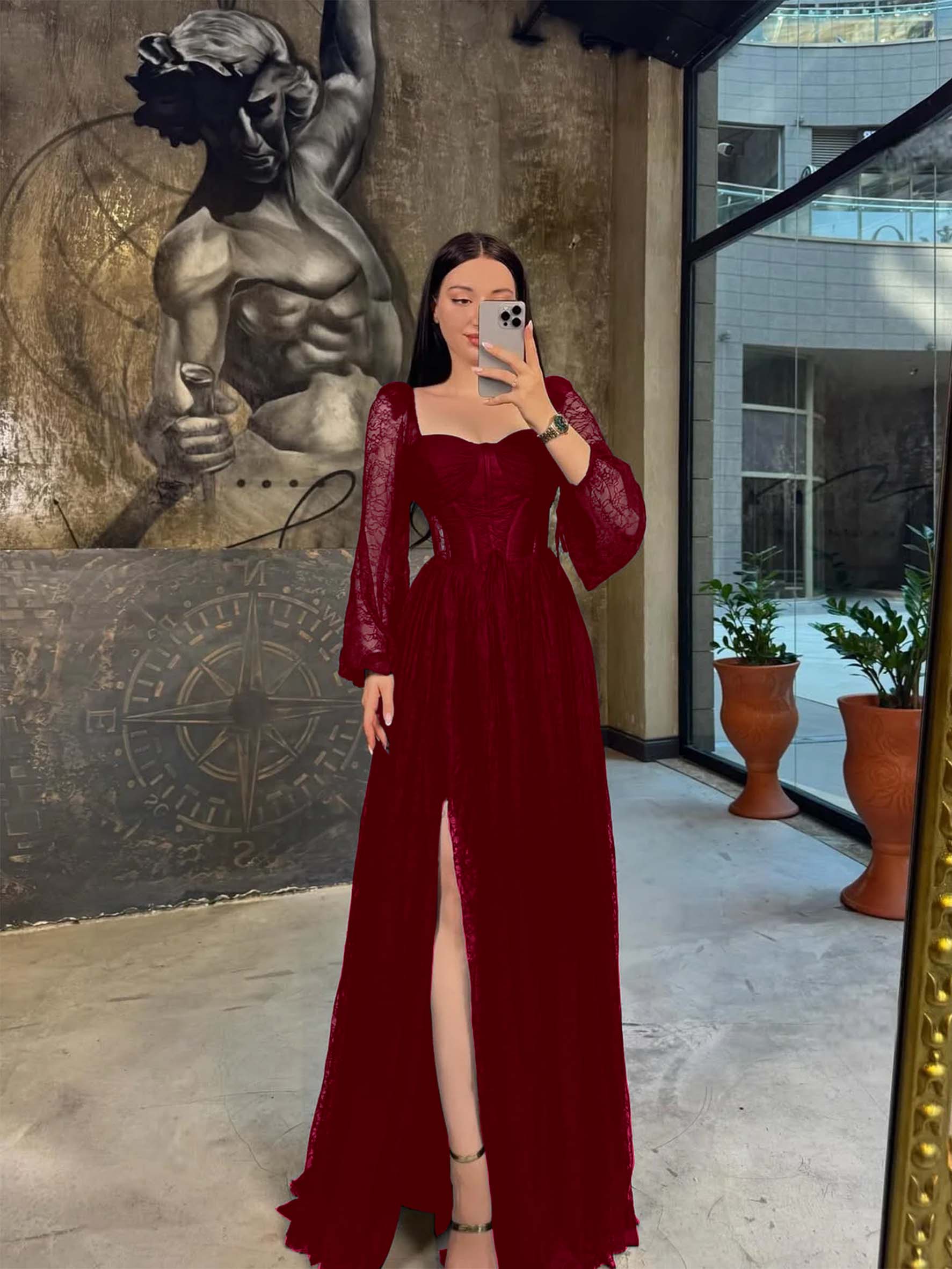 Lace Square Neck  Lantern Long Sleeves Long A-Line Pleated Prom Dress With Split And Corset YK0413