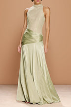 Cocoslly High-Neck Sleeveless Long Pleated Mermaid Prom Dress With Embroidery | Sage Green Satin ZA0147