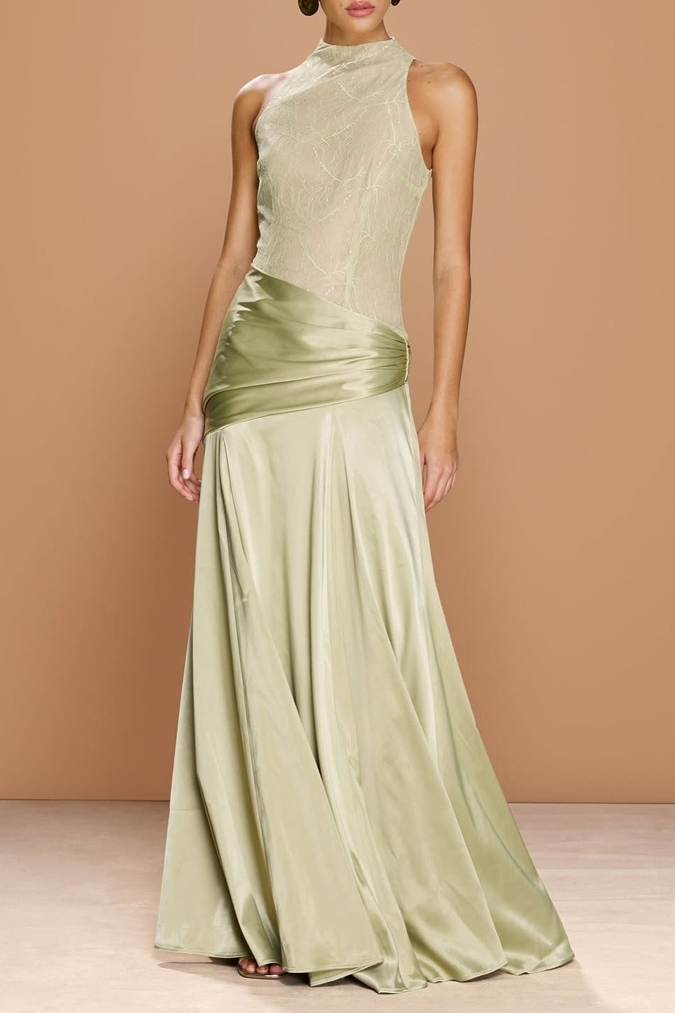 Cocoslly High-Neck Sleeveless Long Pleated Mermaid Prom Dress With Embroidery | Sage Green Satin ZA0147