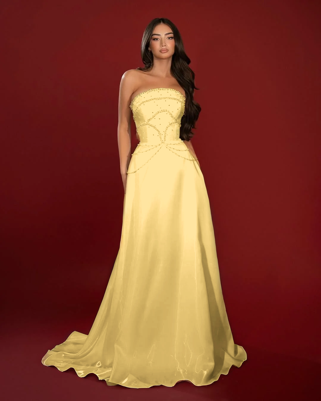 Satin Strapless Sleeveless High-Waisted Long A-Line Prom Dress With Beadings YK0662