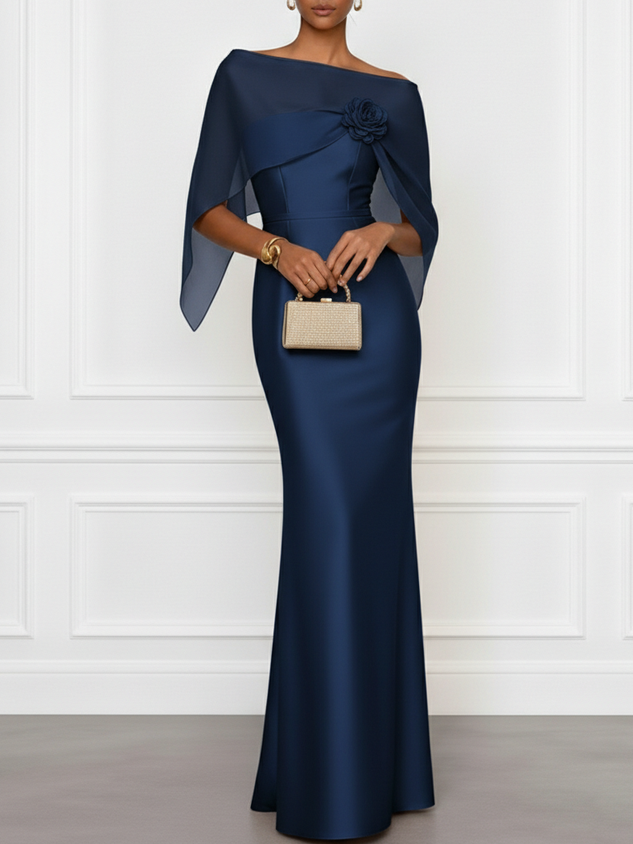 Champagne 3D Floral Satin Boat Neck Short Sleeve Sheath Gown Dress with Capelet