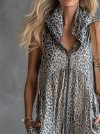 Stylish Urban Apricot-colored Leopard Print Hooded Chiffon Jumpsuit