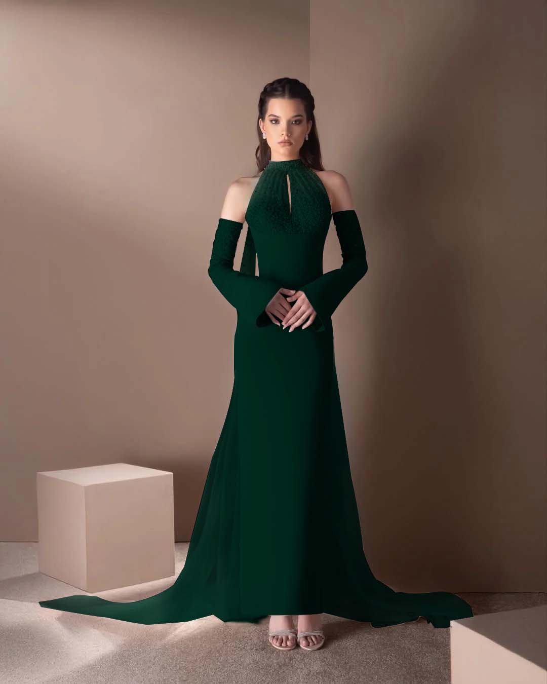 Spandex And Tulle High Neck Strapless Long Sleeves Long Mermaid Prom Dress With Ruffles And Beadings YK0748