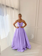Satin V-Neck Strapless Sleeveless Long A-Line Prom Dress With Pleated And Rhinstone YK0706