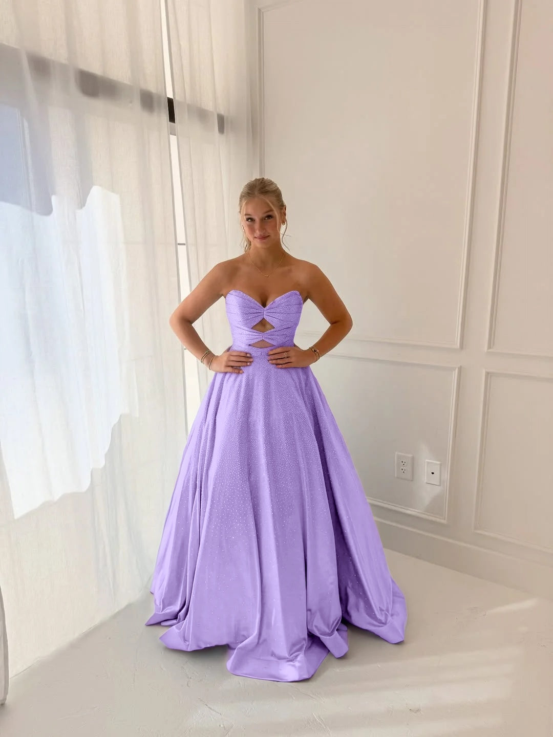 Satin V-Neck Strapless Sleeveless Long A-Line Prom Dress With Pleated And Rhinstone YK0706