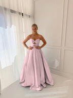 Satin V-Neck Strapless Sleeveless Long A-Line Prom Dress With Pleated And Rhinstone YK0706