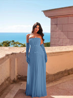 Chiffon Strapless Sleeveless Long Pleated A-Line Prom Dress With Bows And Gloves YK0680