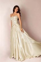Cocoslly Strapless Sleeveless High Waist Long Prom Dress With Rhinstone And Beading Pearls | Baby Blue Satin LR0577