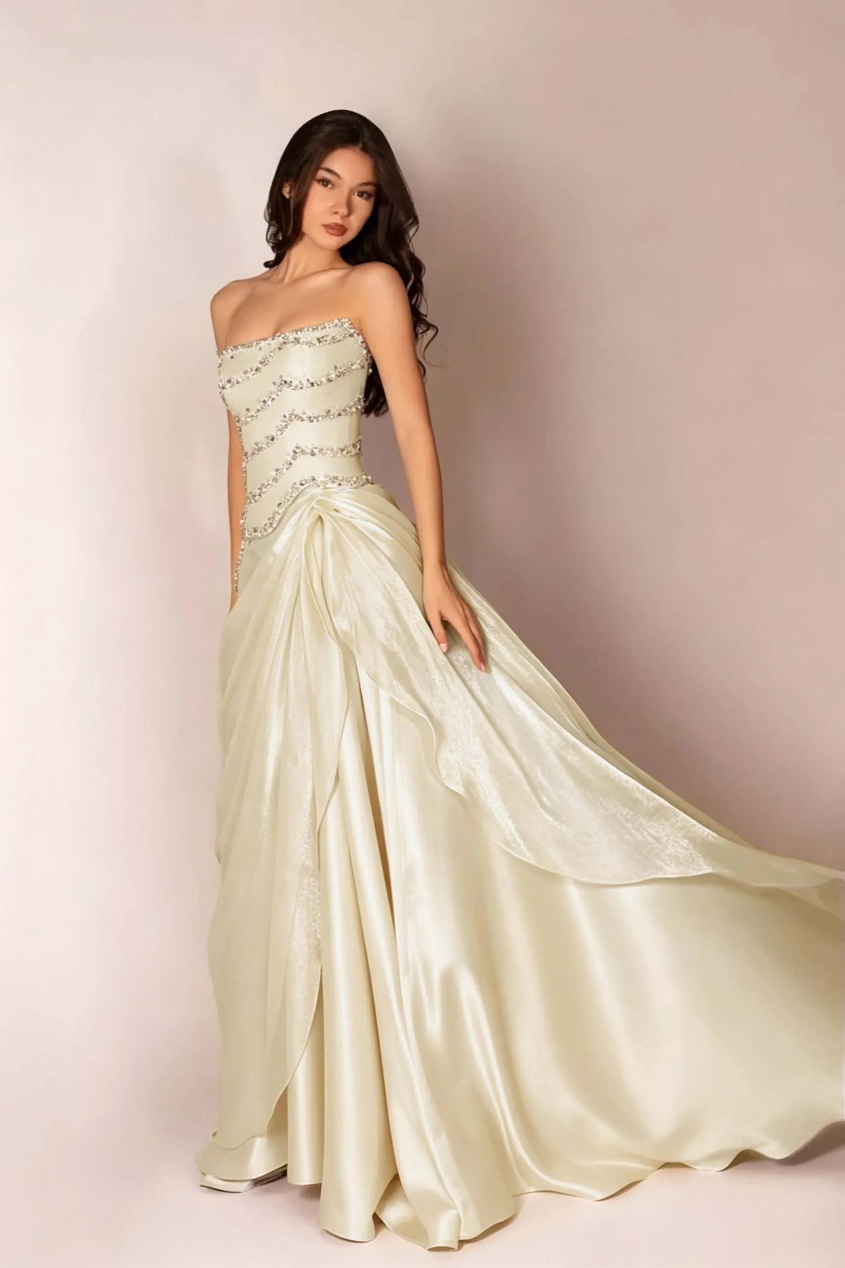 Cocoslly Strapless Sleeveless High Waist Long Prom Dress With Rhinstone And Beading Pearls | Baby Blue Satin LR0577