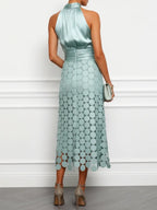 Women Light Green Satin Ruched Halter Neck Sleeveless A-Line Midi Dresses