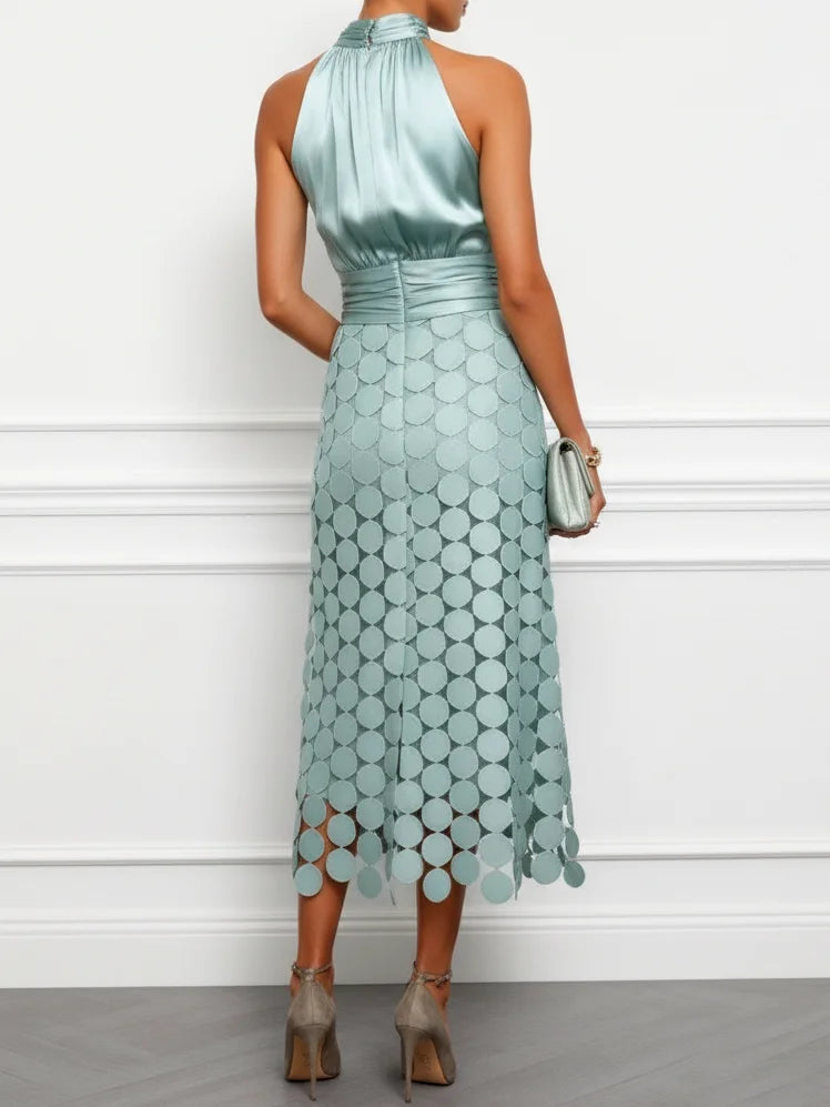 Women Light Green Satin Ruched Halter Neck Sleeveless A-Line Midi Dresses