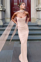 Chiffon Strapless Sleeveless Long Mermaid Prom Dress With Pleated YK0036