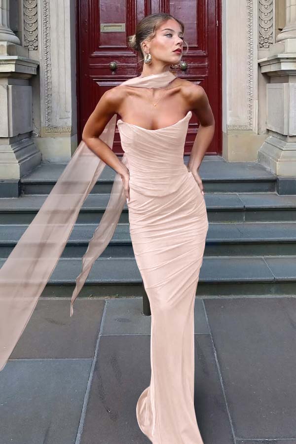 Chiffon Strapless Sleeveless Long Mermaid Prom Dress With Pleated YK0036