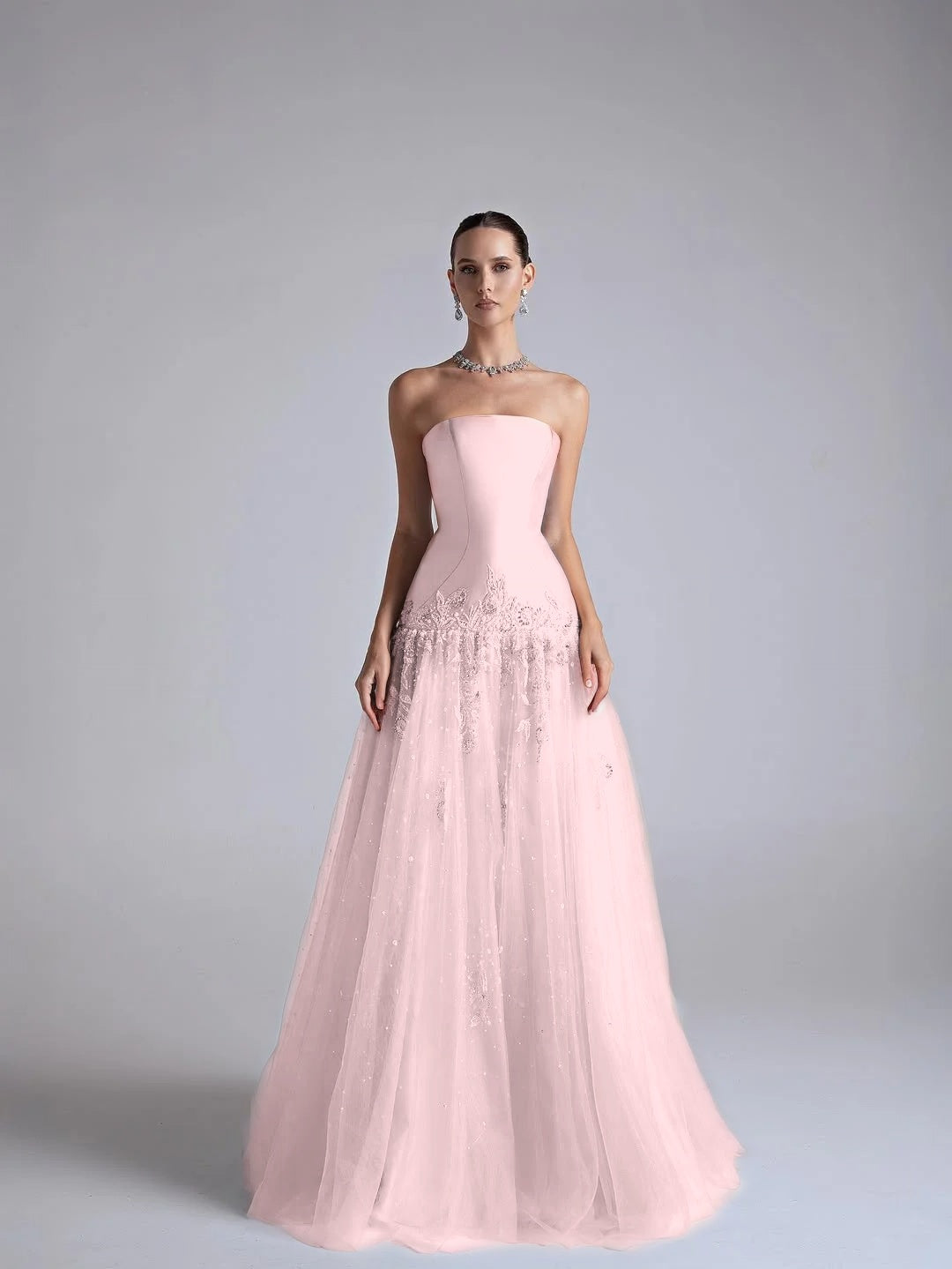 Baby Blue Satin And Tulle Strapless Sleeveless Long Pleated A-Line Prom Dress With Flower Appliqués YK0669