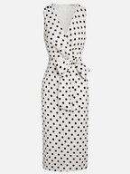 White Polka Dots Bow Classic V Neck Sleeveless Sheath Midi Dress
