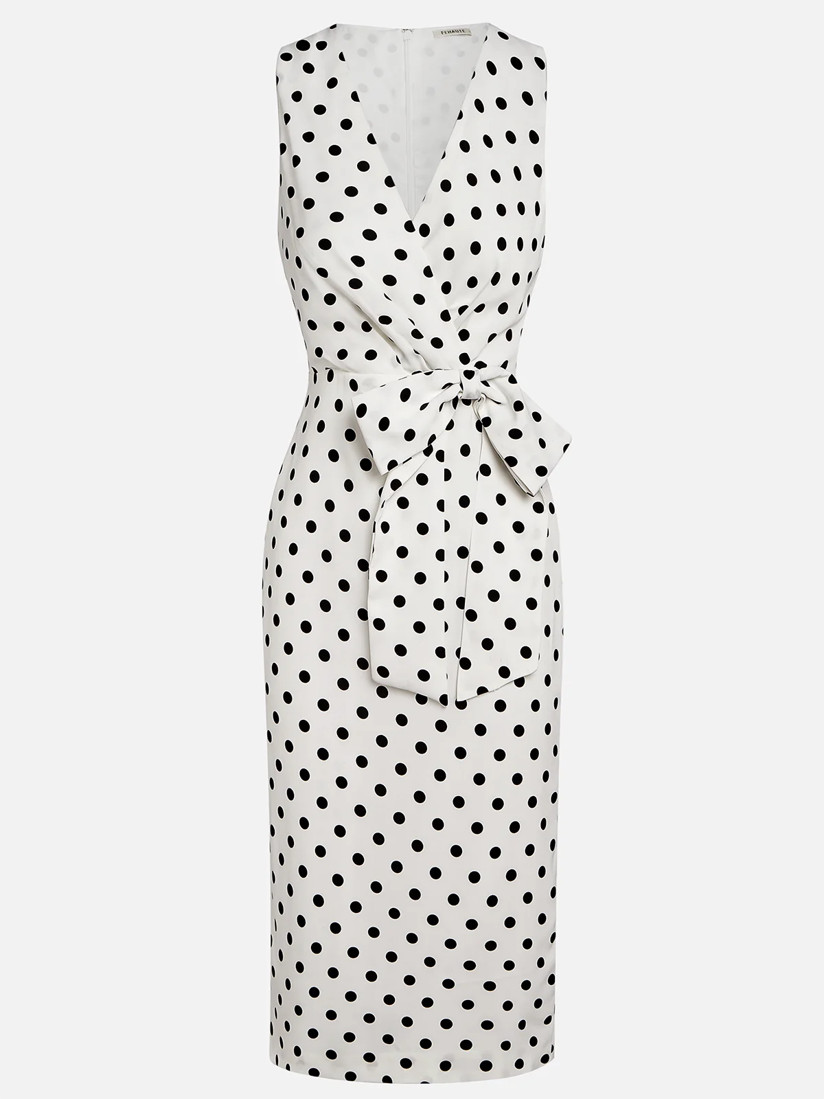 White Polka Dots Bow Classic V Neck Sleeveless Sheath Midi Dress