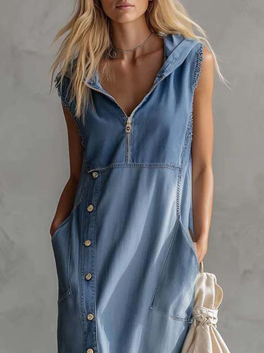 Exquisite Vintage Casual Hooded V-neck Zipper Side Slits Buttons Blue Denim Midi Dress
