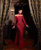 Cocoslly Strapless Long Sleeves High Waist Long Mermaid Prom Dress With Beadings | Red Sequins CO0099