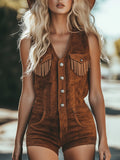 銆�24-hour shipping out銆慥intage Western Tassel Brown Suede Vest Shorts Jumpsuit
