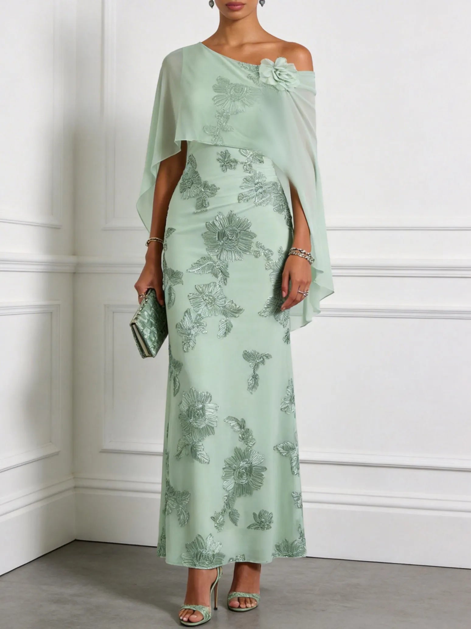 Light Green 3D Floral Jacquard Classic One Shoulder Cap Sleeve Sheath Maxi Dress