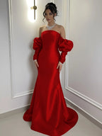 Burgundy Satin Strapless Bubble Sleeves Long Mermaid Prom Dress With Pleated YK0710