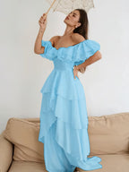 Cocoslly Off-The-Shoulder Sleeveless High Waist Long Prom Dress With Ruffles | White Chiffon LX0115