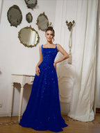 Square Neck Spaghetti Straps Sleeveless Long A-Line Prom Dress With Sequins And High Beadings YK0573