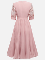 Pink Pleated Lace V Neck A-Line Midi Chiffon Dress