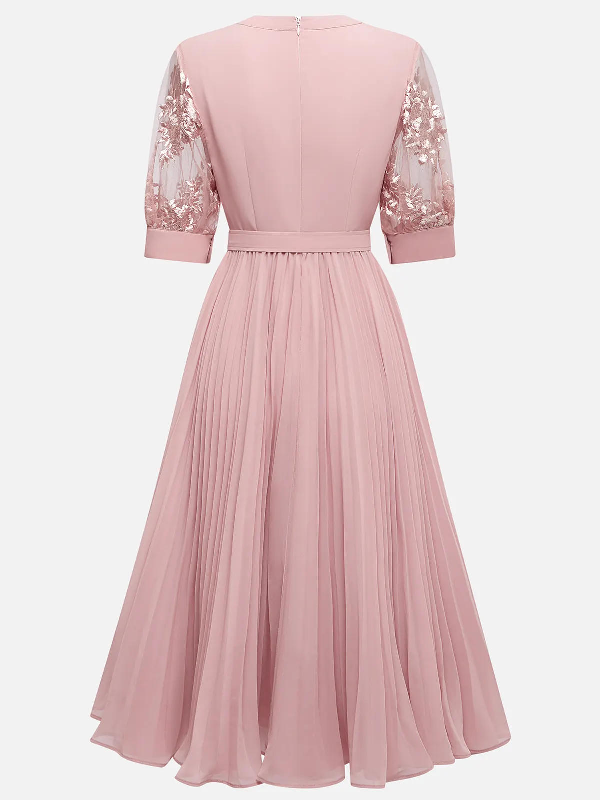 Pink Pleated Lace V Neck A-Line Midi Chiffon Dress