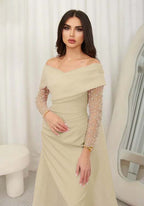 Cocoslly Off-The-Shoulder Long Sleeves High Waist Long Prom Dress With Rhinstone | Blushing Pink Chiffon JZ0100