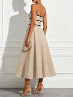 Champagne Glitter Beaded Sequin Strapless Sleeveless A-Line Midi Dress
