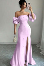 Strapless Bubble Sleeves Long Split Prom Dress With Beading WQ0027