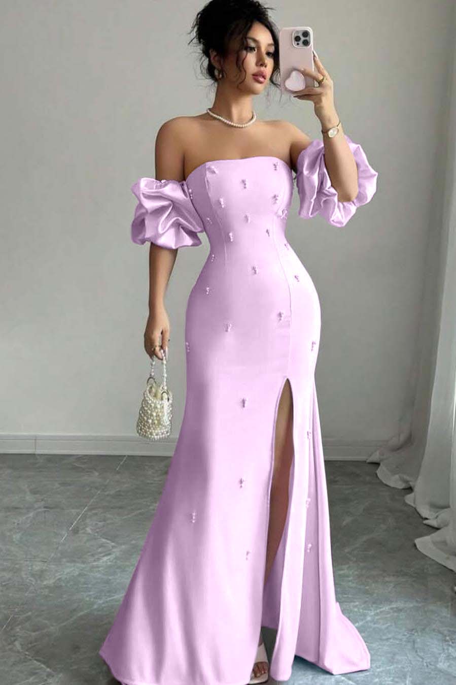 Strapless Bubble Sleeves Long Split Prom Dress With Beading WQ0027