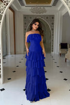 Cocoslly Strapless Sleeveless High Waist Long Prom Dress With Ruffles | Nude Champage Chiffon YC0565