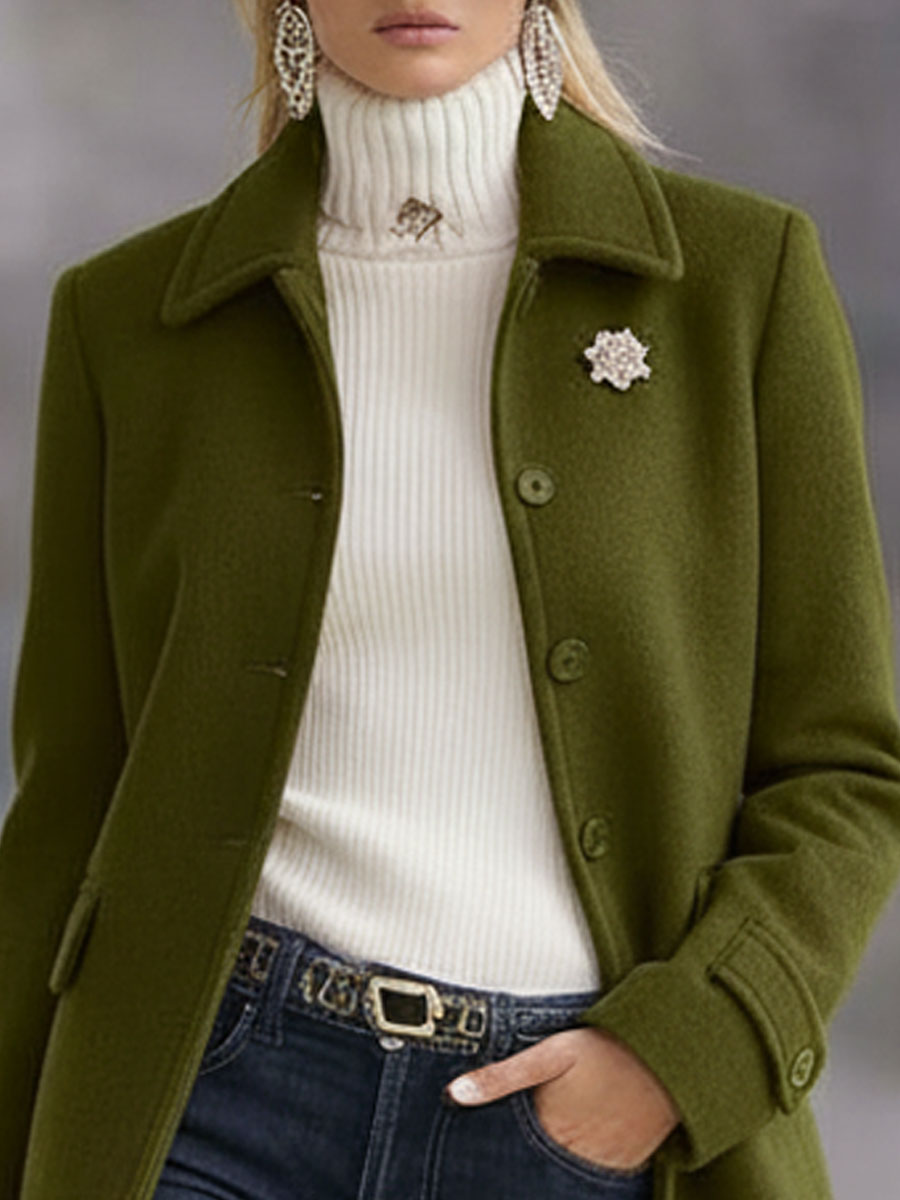 Casual Retro Olive Green Tweed Coat