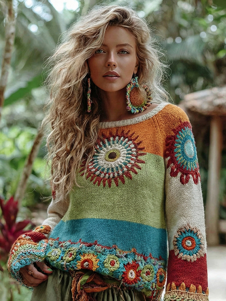 Vintage Classy Spring Rainbow Vacation Colorblock Art Cozy Knitted Sweater