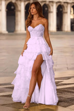 Chiffon And Lace V-Neck Strapless Sleeveless Long A-Line Prom Dress With Bow And Ruffles JQ0318