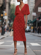 White Rayon Hollow Out Plaid Classic V Neck Short Sleeve Sheath Midi Dress