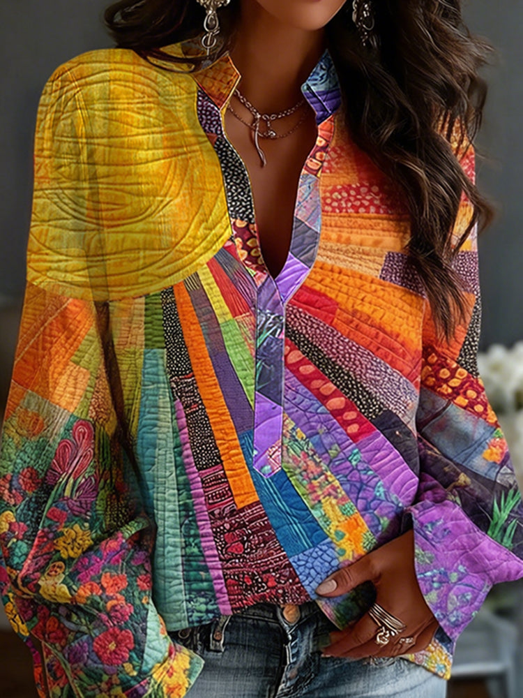 Women's Floral In Gradient Art Print Flowy Linen Blend  Tops