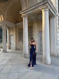 Cocoslly Strapless Sleeveless High Waist Long Split Prom Dress With Scarf And Pleated | Navy Blue Chiffon CO0188