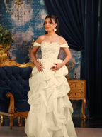 Tulle Strapless Off-The-Shoulder Sleeveless Long Pleated A-Line Prom Dress With Beadings And Rhinstone YK0769