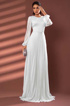 Chiffon Jewel Neck Long Sleeves Long Prom Dress With Pleated WQ0258