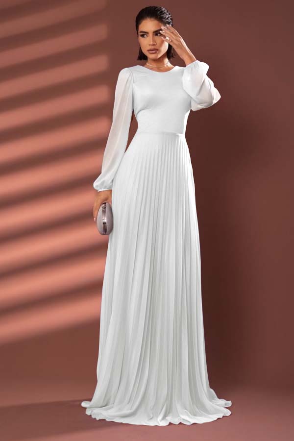 Chiffon Jewel Neck Long Sleeves Long Prom Dress With Pleated WQ0258