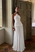 Cocoslly Halter Sleeveless High Waist Long Prom Dress With Appliques | White Chiffon YC0560