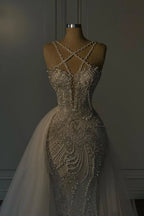 Cocoslly Halter Sleeveless Long Mermaid Prom Dress With Sequins Beadings And Tulle Ruffle | Ivory Tulle YL0335
