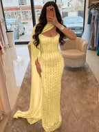 Cocoslly Strapless Sleeveless High Waist Long Prom Dress With Shawl And Rhinstone | Dusty Sage Satin YK1255