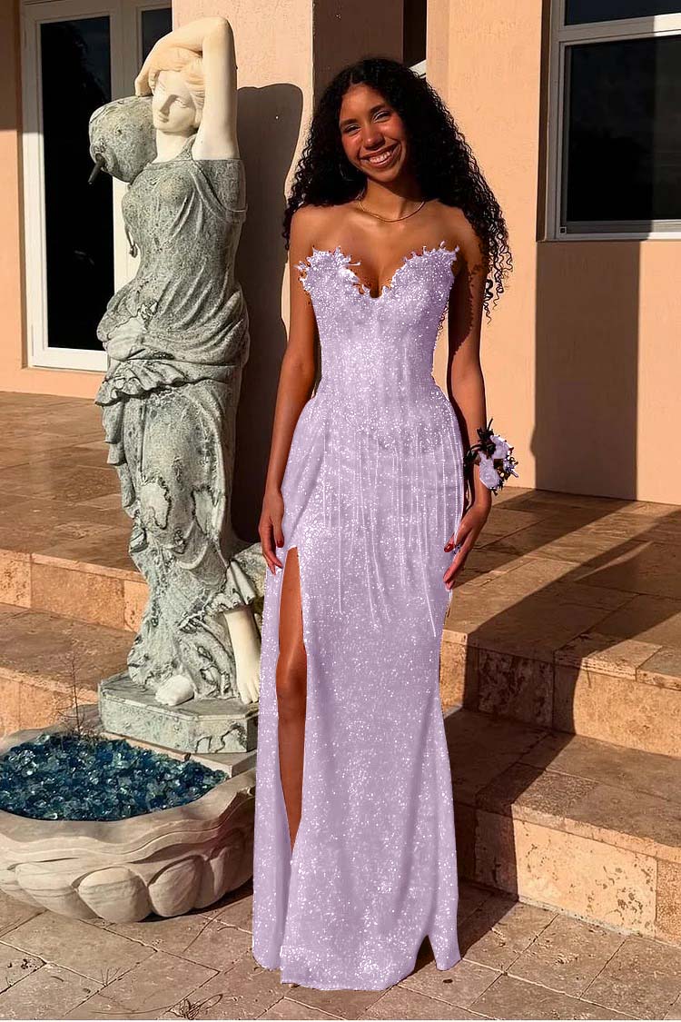 Red Strapless Sleeveless Long Mermaid Prom Dress With Sequins Split XJ0657